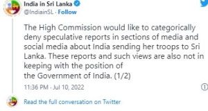 இலங்கைக்கு இந்திய படைகளை அனுப்பியதாக வெளியான செய்தியை இந்தியா மறுத்துள்ளது